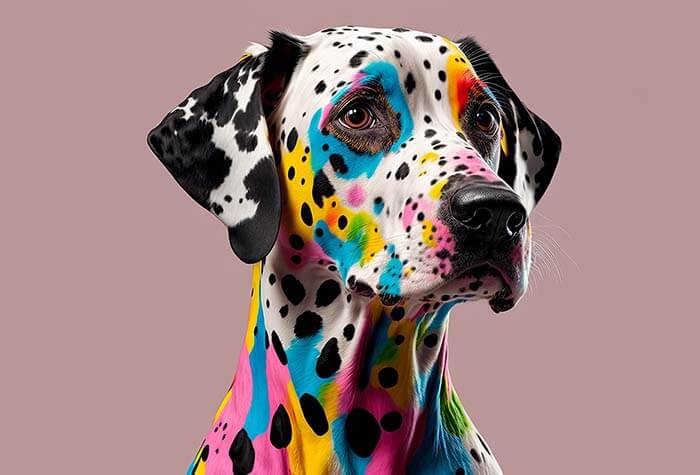 A cute dalmatian dog with distinctive multicolor fur pattern