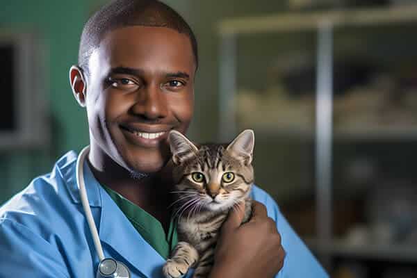 African american veterinarian holding a cat in his arms