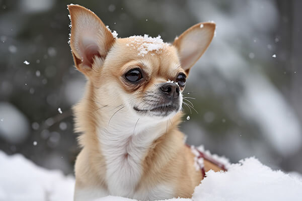 Portrait of cute chihuahua dog in snow winter