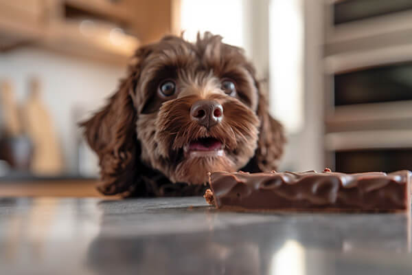 Small dog looking at chocolate bars on kitchen table