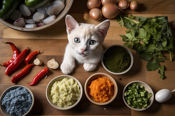 Kitten with bowls of spicy food spices