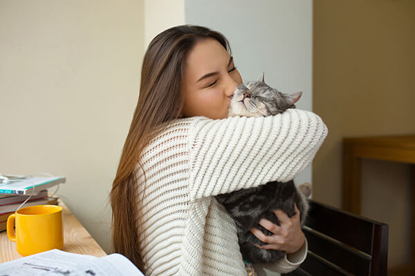 Cheerful girl kissing her pet cat at home near the window