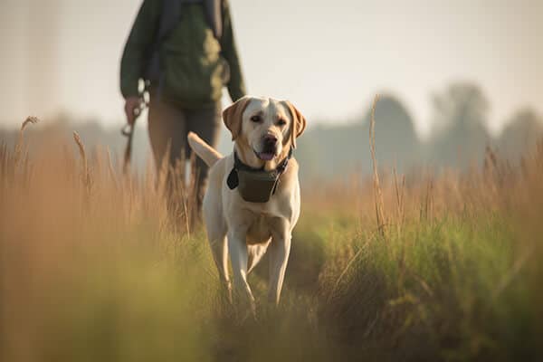 Labrador retriever hiking with the owner against open fields and meadows background
