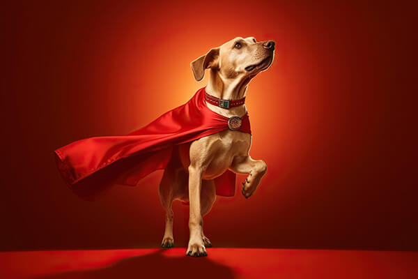 Portrait of superhero dog wearing red cape, jumping like a super hero